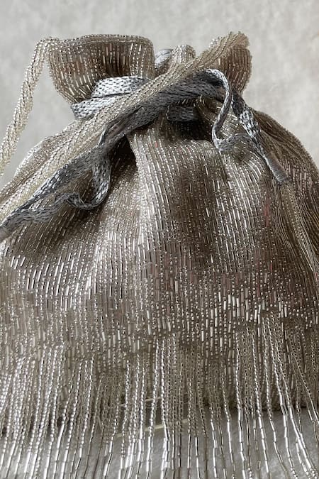 Buy_Kreivo By Vamanshi Damania_Silver Cutdana Silk Embellished Potli Bag_Online_at_Aza_Fashions