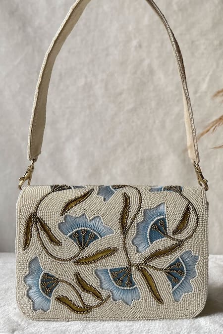 Kreivo by Vamanshi Damania White Beads Silk Bucket Bag 