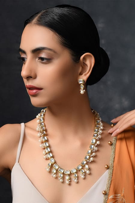 Buy Gold Plated Kundan Handcrafted Bead Drop Necklace Set by Paisley ...