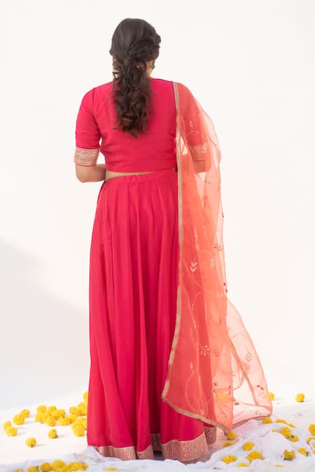 Shop Apeksha Jain Label Pink Cotton Silk Hand Embroidered Kasab V Neck Panelled Blouse Lehenga Set at Aza Fashions Shop_Apeksha Jain Label_Pink Cotton Silk Hand Embroidered Kasab V Neck Panelled Blouse Lehenga Set _at_Aza_Fashions