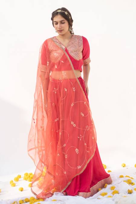 Apeksha Jain Label Pink Cotton Silk Hand Embroidered Kasab V Neck Panelled Blouse Lehenga Set Online at Aza Fashions Apeksha Jain Label_Pink Cotton Silk Hand Embroidered Kasab V Neck Panelled Blouse Lehenga Set _Online_at_Aza_Fashions