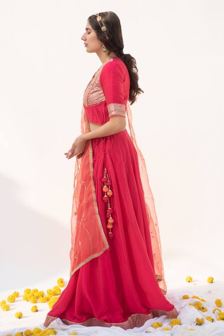 Buy Apeksha Jain Label Pink Cotton Silk Hand Embroidered Kasab V Neck Panelled Blouse Lehenga Set Online at Aza Fashions Buy_Apeksha Jain Label_Pink Cotton Silk Hand Embroidered Kasab V Neck Panelled Blouse Lehenga Set _Online_at_Aza_Fashions