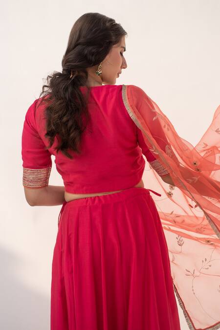 Shop Apeksha Jain Label Pink Cotton Silk Hand Embroidered Kasab V Neck Panelled Blouse Lehenga Set Online at Aza Fashions Shop_Apeksha Jain Label_Pink Cotton Silk Hand Embroidered Kasab V Neck Panelled Blouse Lehenga Set _Online_at_Aza_Fashions