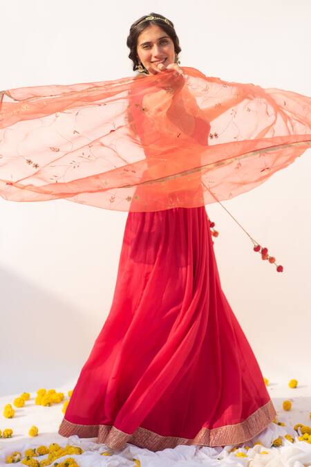 Apeksha Jain Label Pink Cotton Silk Hand Embroidered Kasab V Neck Panelled Blouse Lehenga Set at Aza Fashions Apeksha Jain Label_Pink Cotton Silk Hand Embroidered Kasab V Neck Panelled Blouse Lehenga Set _at_Aza_Fashions