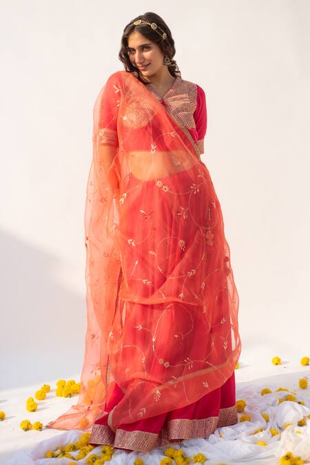 Buy Apeksha Jain Label Pink Cotton Silk Hand Embroidered Kasab V Neck Panelled Blouse Lehenga Set Buy_Apeksha Jain Label_Pink Cotton Silk Hand Embroidered Kasab V Neck Panelled Blouse Lehenga Set