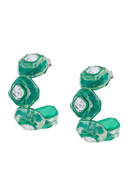 Shop Isharya Green Crystals B-dazzle Infinity Cut Hoops at Aza Fashions Shop_Isharya_Green Crystals B-dazzle Infinity Cut Hoops_at_Aza_Fashions