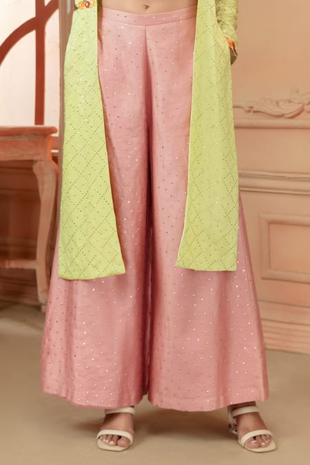 Neeta Lulla_Green Chanderi Silk Embroidered Resham Plunge V Heidi Jacket And Flared Pant Set_Online_at_Aza_Fashions