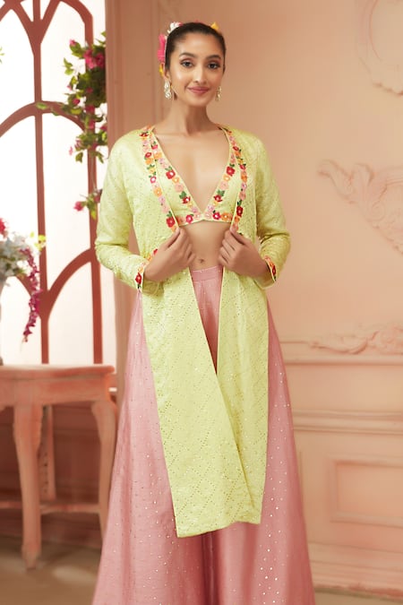 Buy_Neeta Lulla_Green Chanderi Silk Embroidered Resham Plunge V Heidi Jacket And Flared Pant Set_Online_at_Aza_Fashions