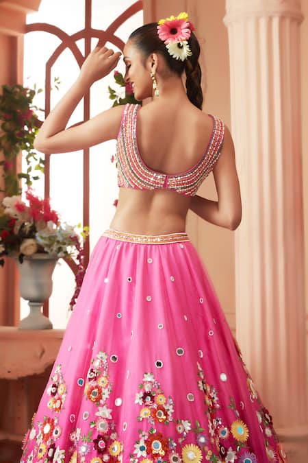 Buy_Neeta Lulla_Pink Tulle, Organza Sequins Sweetheart Rue Floral Embroidered Bridal Lehenga Set _Online_at_Aza_Fashions