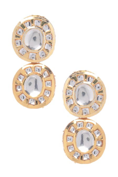 Shop_Paisley Pop_Gold Plated Kundan Handcrafted Tiered Drop Earrings _at_Aza_Fashions
