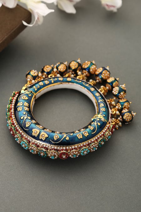 Shop_Paisley Pop_Gold Plated Pearls, Stones, Metallic Thread, Hand Painted Meenakari Jadau Bangle _at_Aza_Fashions