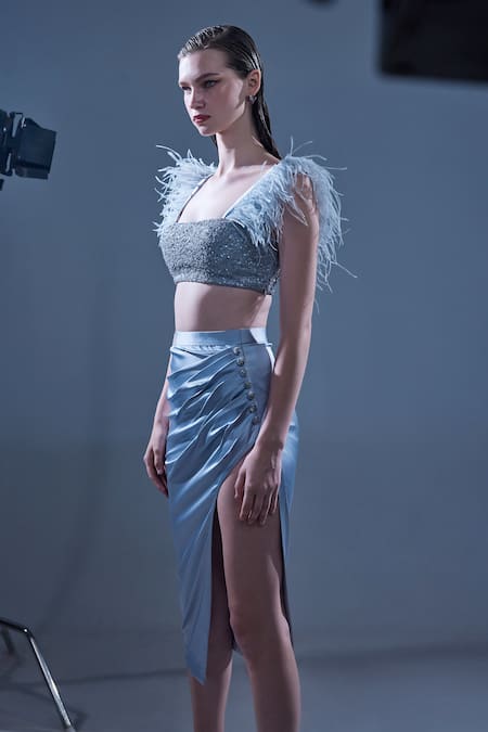 Manika Nanda_Silver German Satin Embroidered Sequin Square Neck Crop Top And Draped Skirt Set _Online_at_Aza_Fashions