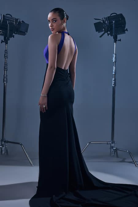 Shop Manika Nanda Purple German Satin Solid V Neck Charis Dual Tone Trumpet Gown at Aza Fashions Shop_Manika Nanda_Purple German Satin Solid V Neck Charis Dual Tone Trumpet Gown _at_Aza_Fashions