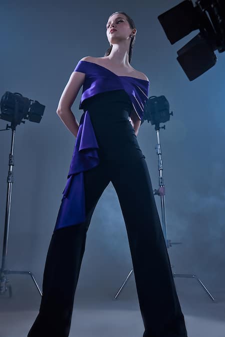 Manika Nanda_Purple Crepe, Satin V-neck Edie Dual Tone Draped Jumpsuit _Online_at_Aza_Fashions