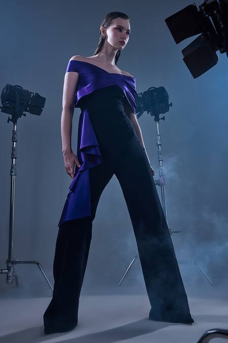 Buy_Manika Nanda_Purple Crepe, Satin V-neck Edie Dual Tone Draped Jumpsuit _Online_at_Aza_Fashions