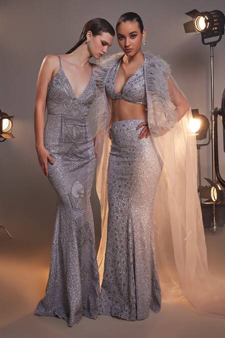 Shop_Manika Nanda_Silver German Satin Embroidered Esmeralda Geometric Gown With Bustle  _Online_at_Aza_Fashions