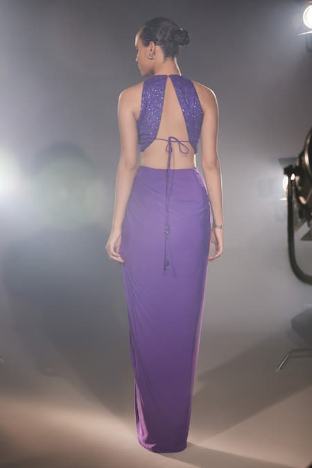 Shop Manika Nanda Purple German Satin Embroidered Sequin Round Ultraviolet Drape Skirt Set at Aza Fashions Shop_Manika Nanda_Purple German Satin Embroidered Sequin Round Ultraviolet Drape Skirt Set _at_Aza_Fashions