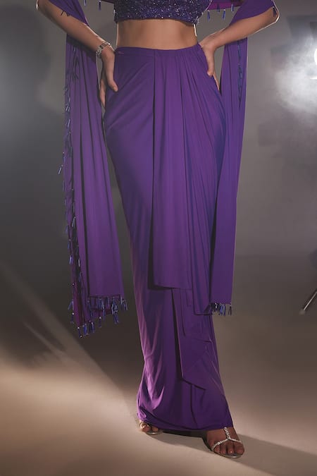 Manika Nanda Purple German Satin Embroidered Sequin Round Ultraviolet Drape Skirt Set Online at Aza Fashions Manika Nanda_Purple German Satin Embroidered Sequin Round Ultraviolet Drape Skirt Set _Online_at_Aza_Fashions