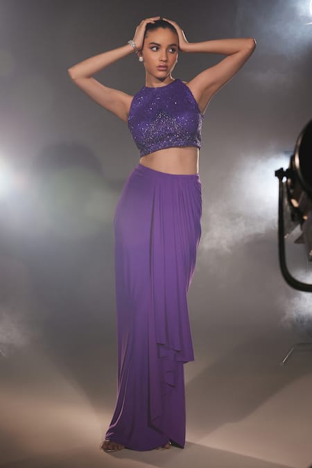 Shop Manika Nanda Purple German Satin Embroidered Sequin Round Ultraviolet Drape Skirt Set Online at Aza Fashions Shop_Manika Nanda_Purple German Satin Embroidered Sequin Round Ultraviolet Drape Skirt Set _Online_at_Aza_Fashions