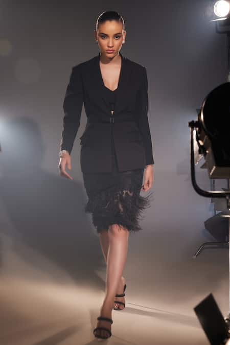 Manika Nanda Black Crepe Sapndex Embroidered Sequin Renee Feather Trim Skirt Set  