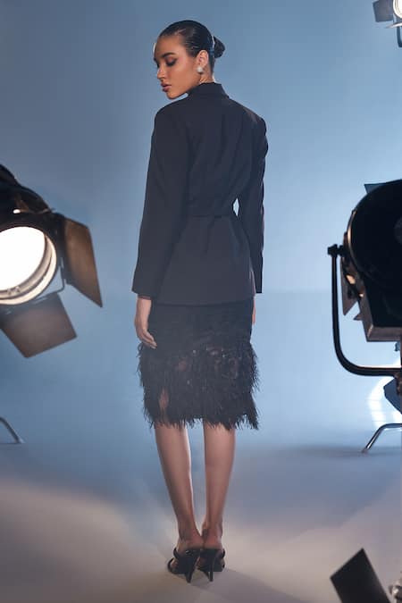 Shop Manika Nanda Black Crepe Sapndex Embroidered Sequin Renee Feather Trim Skirt Set at Aza Fashions Shop_Manika Nanda_Black Crepe Sapndex Embroidered Sequin Renee Feather Trim Skirt Set _at_Aza_Fashions