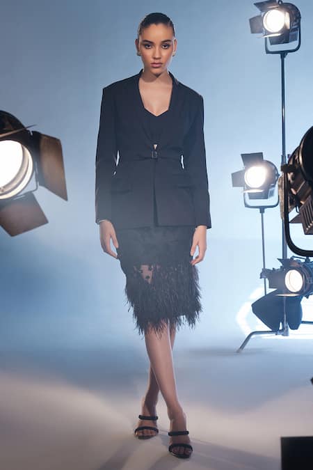 Buy Manika Nanda Black Crepe Sapndex Embroidered Sequin Renee Feather Trim Skirt Set Online at Aza Fashions Buy_Manika Nanda_Black Crepe Sapndex Embroidered Sequin Renee Feather Trim Skirt Set _Online_at_Aza_Fashions