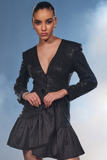 Shop Manika Nanda Black German Satin Embroidered Sequin V Neck Sia Frill Dress Online at Aza Fashions Shop_Manika Nanda_Black German Satin Embroidered Sequin V Neck Sia Frill Dress _Online_at_Aza_Fashions