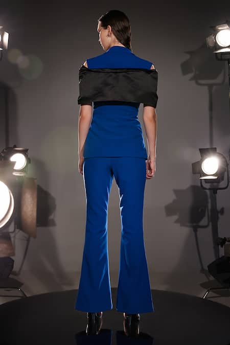 Shop Manika Nanda Black German Satin Solid Lapel Collar Taylor Draped Jacket With Pant at Aza Fashions Shop_Manika Nanda_Black German Satin Solid Lapel Collar Taylor Draped Jacket With Pant _at_Aza_Fashions