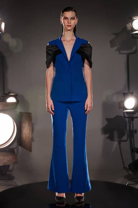 Manika Nanda Black German Satin Solid Lapel Collar Taylor Draped Jacket With Pant Online at Aza Fashions Manika Nanda_Black German Satin Solid Lapel Collar Taylor Draped Jacket With Pant _Online_at_Aza_Fashions