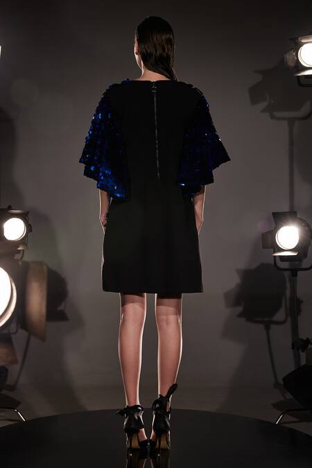 Shop Manika Nanda Blue Satin Sequins V-neck Zita Embellished Dress at Aza Fashions Shop_Manika Nanda_Blue Satin Sequins V-neck Zita Embellished Dress _at_Aza_Fashions