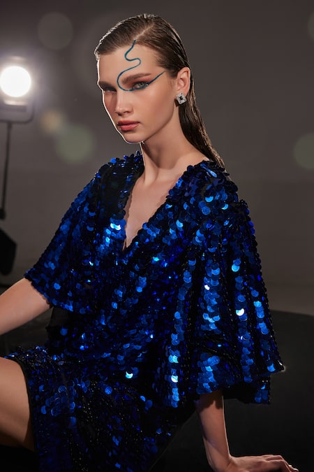 Manika Nanda Blue Satin Sequins V-neck Zita Embellished Dress Online at Aza Fashions Manika Nanda_Blue Satin Sequins V-neck Zita Embellished Dress _Online_at_Aza_Fashions
