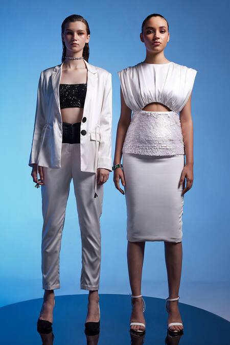 Buy Manika Nanda White Crepe Spandex Embroidered Sequin Round Myrine Draped Dress Online at Aza Fashions Buy_Manika Nanda_White Crepe Spandex Embroidered Sequin Round Myrine Draped Dress _Online_at_Aza_Fashions