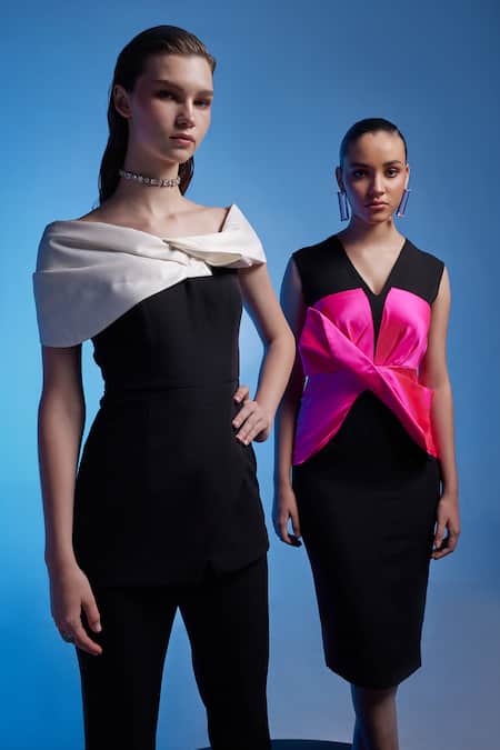 Shop Manika Nanda White German Satin One Monica Contrast Panel Peplum Top And Pant Set Online at Aza Fashions Shop_Manika Nanda_White German Satin One Monica Contrast Panel Peplum Top And Pant Set _Online_at_Aza_Fashions