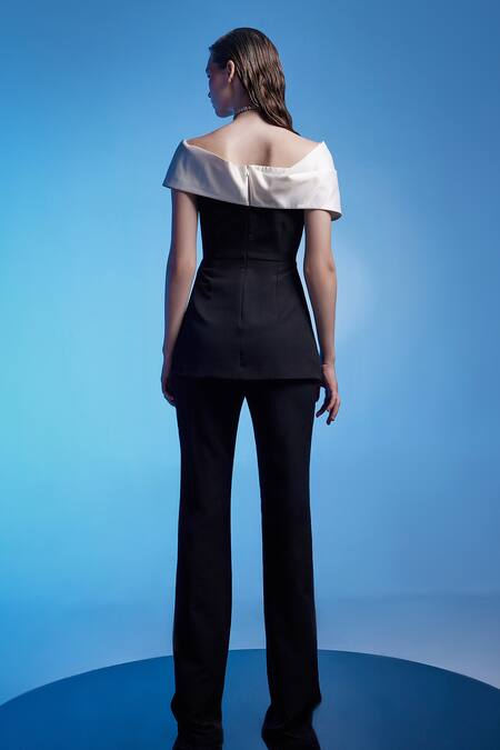 Shop Manika Nanda White German Satin One Monica Contrast Panel Peplum Top And Pant Set at Aza Fashions Shop_Manika Nanda_White German Satin One Monica Contrast Panel Peplum Top And Pant Set _at_Aza_Fashions