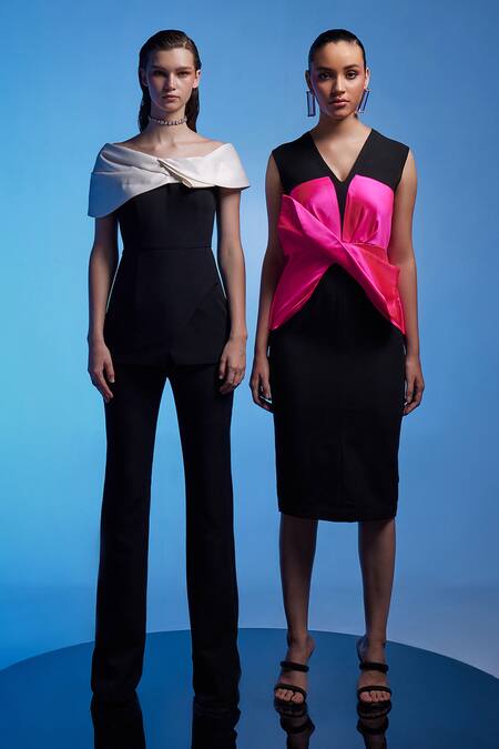 Manika Nanda_Black Crepe, Spandex, Satin V-neck Martha Panelled Column Dress _Online_at_Aza_Fashions