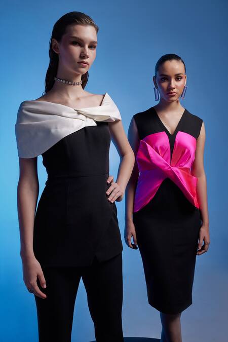 Shop_Manika Nanda_Black Crepe, Spandex, Satin V-neck Martha Panelled Column Dress _Online_at_Aza_Fashions