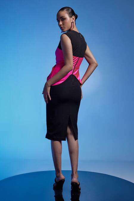 Shop_Manika Nanda_Black Crepe, Spandex, Satin V-neck Martha Panelled Column Dress _at_Aza_Fashions