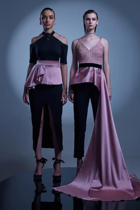 Manika Nanda_Black Crepe, Satin Turtle Neck Naomi Cocktail Column Dress _Online_at_Aza_Fashions