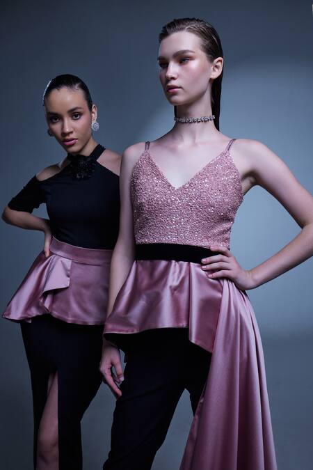 Buy_Manika Nanda_Black Crepe, Satin Turtle Neck Naomi Cocktail Column Dress _Online_at_Aza_Fashions