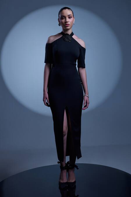Shop_Manika Nanda_Black Crepe, Satin Turtle Neck Naomi Cocktail Column Dress _Online_at_Aza_Fashions