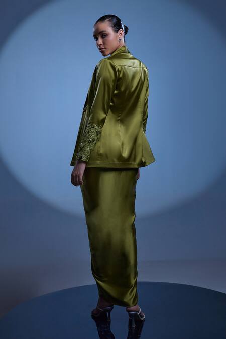 Shop Manika Nanda Green German Satin Embroidered Sequin Reese And Draped Skirt Set at Aza Fashions Shop_Manika Nanda_Green German Satin Embroidered Sequin Reese And Draped Skirt Set _at_Aza_Fashions