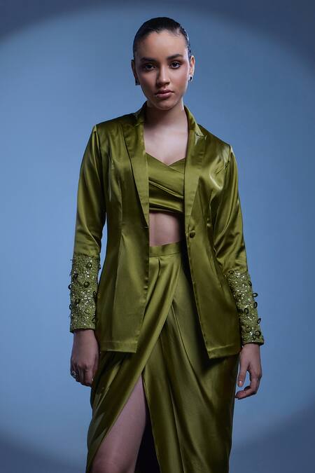 Manika Nanda Green German Satin Embroidered Sequin Reese And Draped Skirt Set Online at Aza Fashions Manika Nanda_Green German Satin Embroidered Sequin Reese And Draped Skirt Set _Online_at_Aza_Fashions