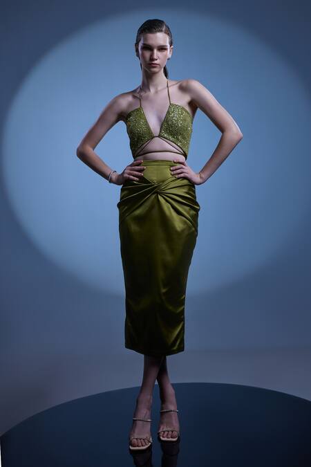 Shop Manika Nanda Green German Satin Embroidered Ashley Bralette And Draped Skirt Set at Aza Fashions Shop_Manika Nanda_Green German Satin Embroidered Ashley Bralette And Draped Skirt Set _at_Aza_Fashions