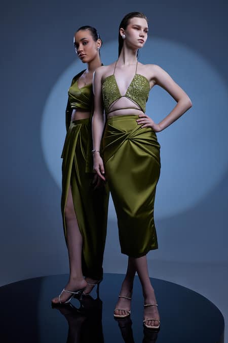 Manika Nanda Green German Satin Embroidered Ashley Bralette And Draped Skirt Set at Aza Fashions Manika Nanda_Green German Satin Embroidered Ashley Bralette And Draped Skirt Set _at_Aza_Fashions