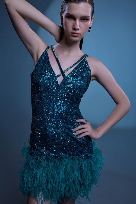 Manika Nanda_Green German Satin Embroidered Sequin V Neck Camille Dress  _at_Aza_Fashions