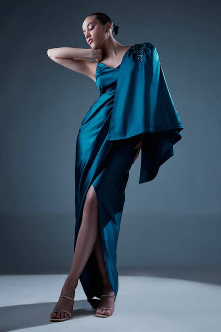 Manika Nanda Green German Satin Embroidered Sequin V Neck Erica Draped Gown With Blazer Online at Aza Fashions Manika Nanda_Green German Satin Embroidered Sequin V Neck Erica Draped Gown With Blazer _Online_at_Aza_Fashions