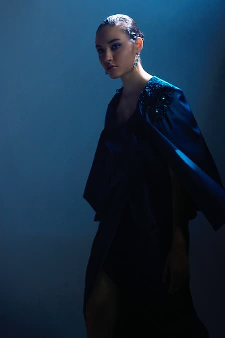 Shop Manika Nanda Green German Satin Embroidered Sequin V Neck Erica Draped Gown With Blazer Online at Aza Fashions Shop_Manika Nanda_Green German Satin Embroidered Sequin V Neck Erica Draped Gown With Blazer _Online_at_Aza_Fashions