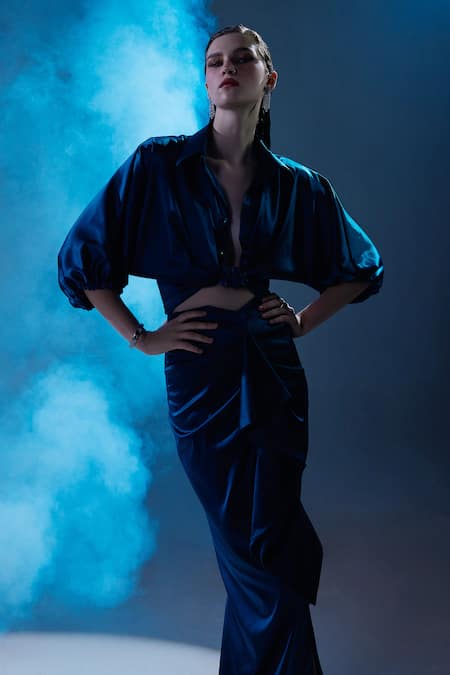 Shop Manika Nanda Green German Satin Shirt Collar Freya Cropped And Slit Draped Skirt Set at Aza Fashions Shop_Manika Nanda_Green German Satin Shirt Collar Freya Cropped And Slit Draped Skirt Set _at_Aza_Fashions