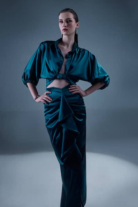 Manika Nanda Green German Satin Shirt Collar Freya Cropped And Slit Draped Skirt Set Online at Aza Fashions Manika Nanda_Green German Satin Shirt Collar Freya Cropped And Slit Draped Skirt Set _Online_at_Aza_Fashions