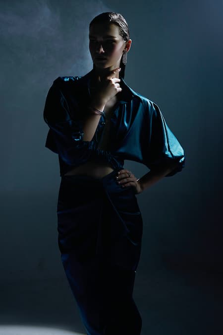 Buy Manika Nanda Green German Satin Shirt Collar Freya Cropped And Slit Draped Skirt Set Online at Aza Fashions Buy_Manika Nanda_Green German Satin Shirt Collar Freya Cropped And Slit Draped Skirt Set _Online_at_Aza_Fashions